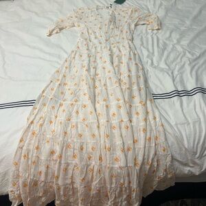 RIXO White Maxi Dress with Yellow Floral Embroidery